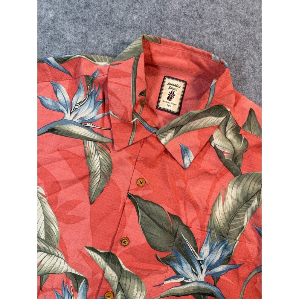 Jamaica Jaxx Mens Large Silk Tropical Bird of Paradise Floral Camp Shirt Coral